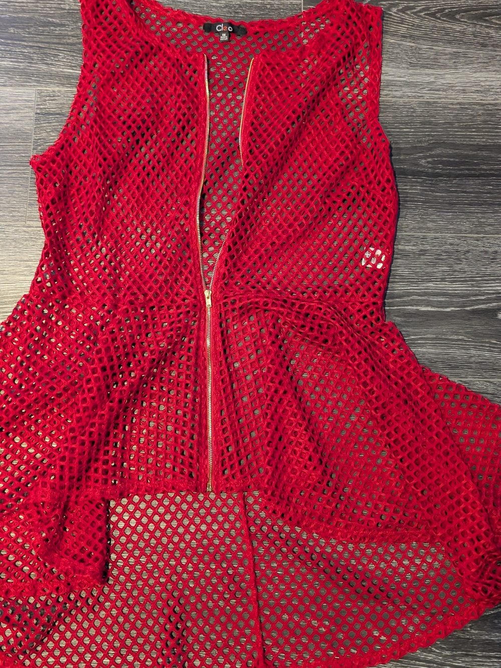Red Mesh Peplum Zip-Front Tunic